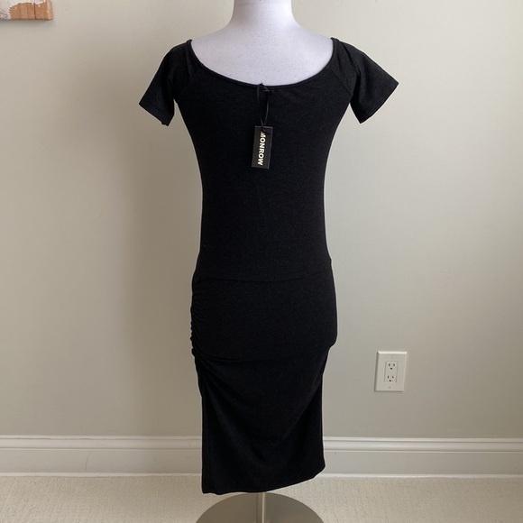 Monrow Charcoal Side Ruched Midi Dress - Picture 2 of 8